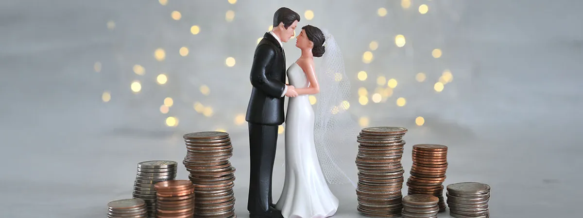 Wedding expenses coins with cake topper couple